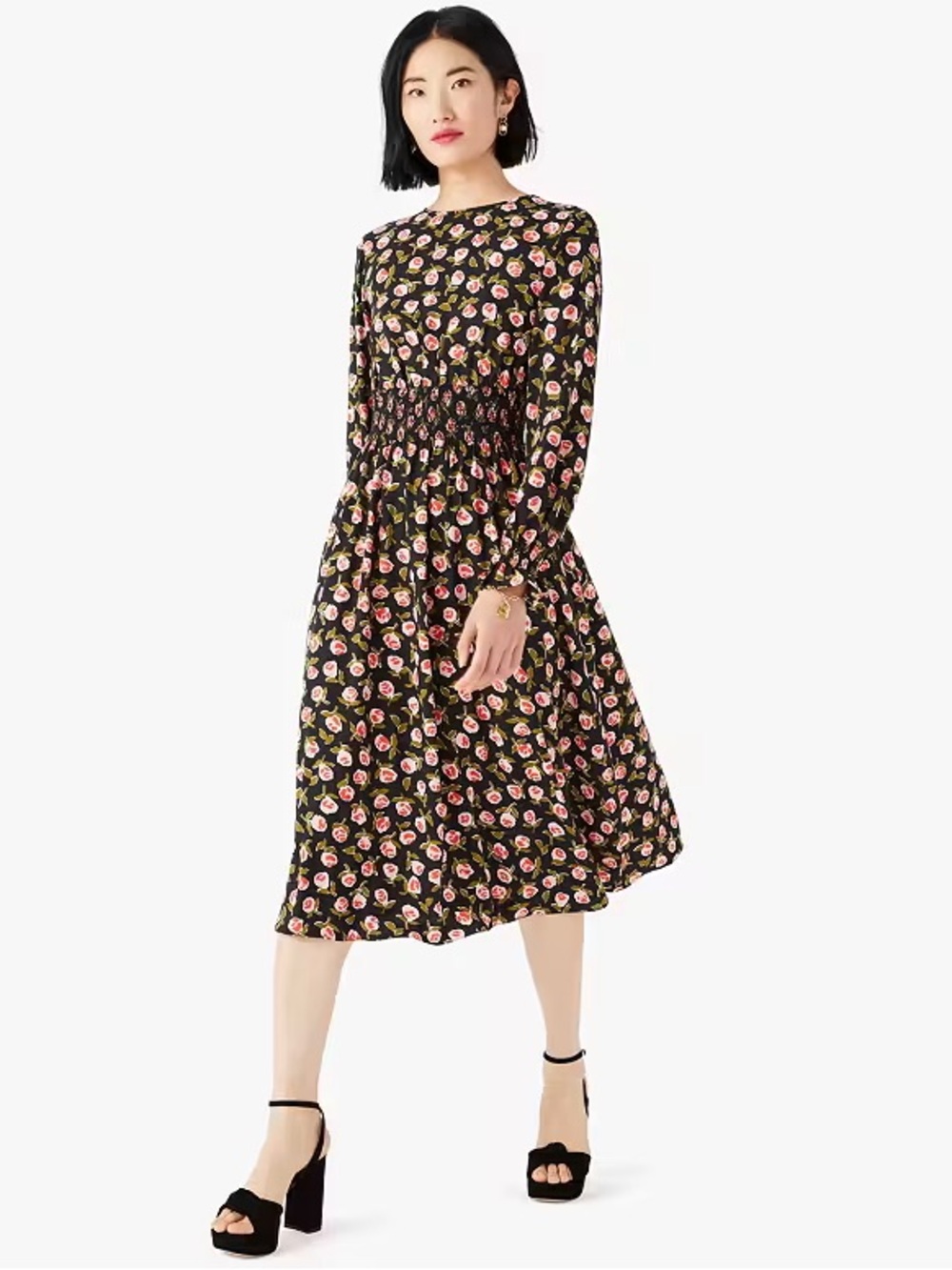 kate spade Black Floral Smocked-Waist Midi Dress